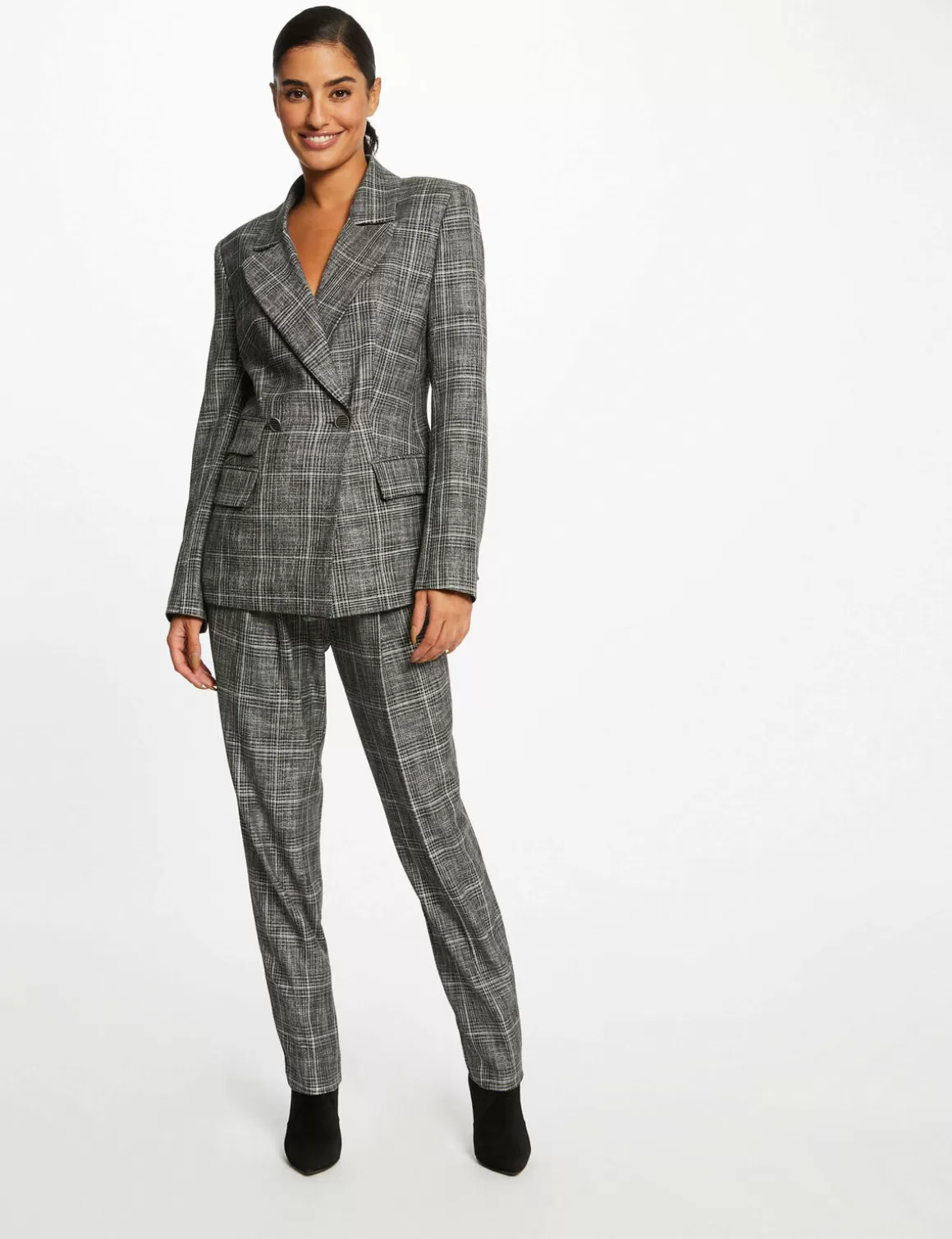 Morgan Ensembles Et Tailleurs>Veste Tailleur City Droite A Carreaux Gris Moyen Femme | Gris_Moyen